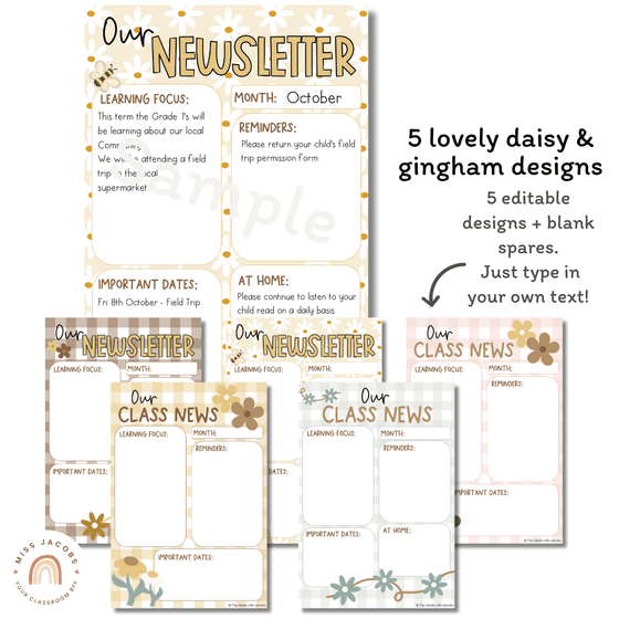 Editable Classroom Newsletter Template | Daisy Gingham Neutrals Classroom Theme - Miss Jacobs Little Learners