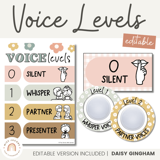 Editable Voice Levels Display | Push Light Noise Levels | Daisy Gingham Neutrals - Miss Jacobs Little Learners