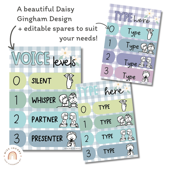 Editable Voice Levels Display | Push Light Noise Levels | Daisy Gingham Pastels - Miss Jacobs Little Learners
