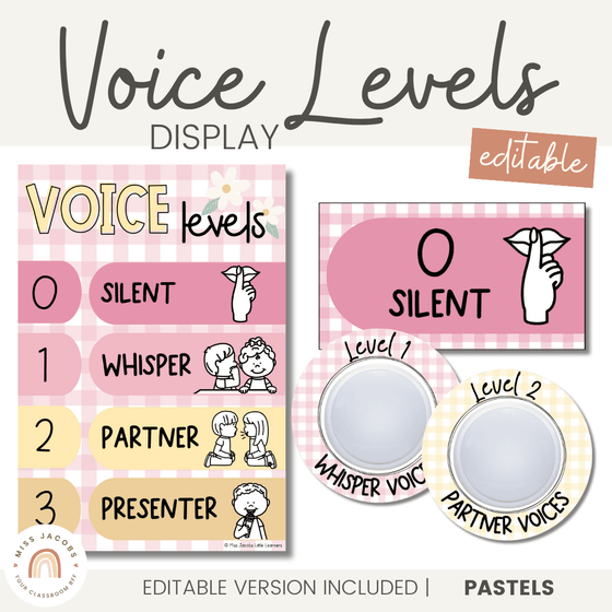 Editable Voice Levels Display | Push Light Noise Levels | Daisy Gingham Pastels - Miss Jacobs Little Learners