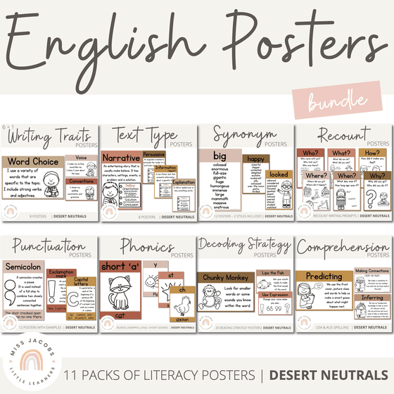 English Posters Bundle | BOHO VIBES | Desert Neutral Classroom Decor | Editable - Miss Jacobs Little Learners