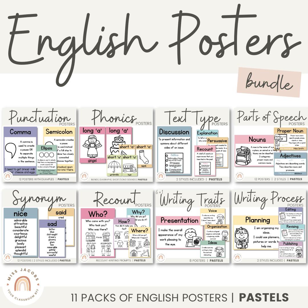 English Posters Bundle | PASTELS | Muted Rainbow Classroom Decor - Miss ...