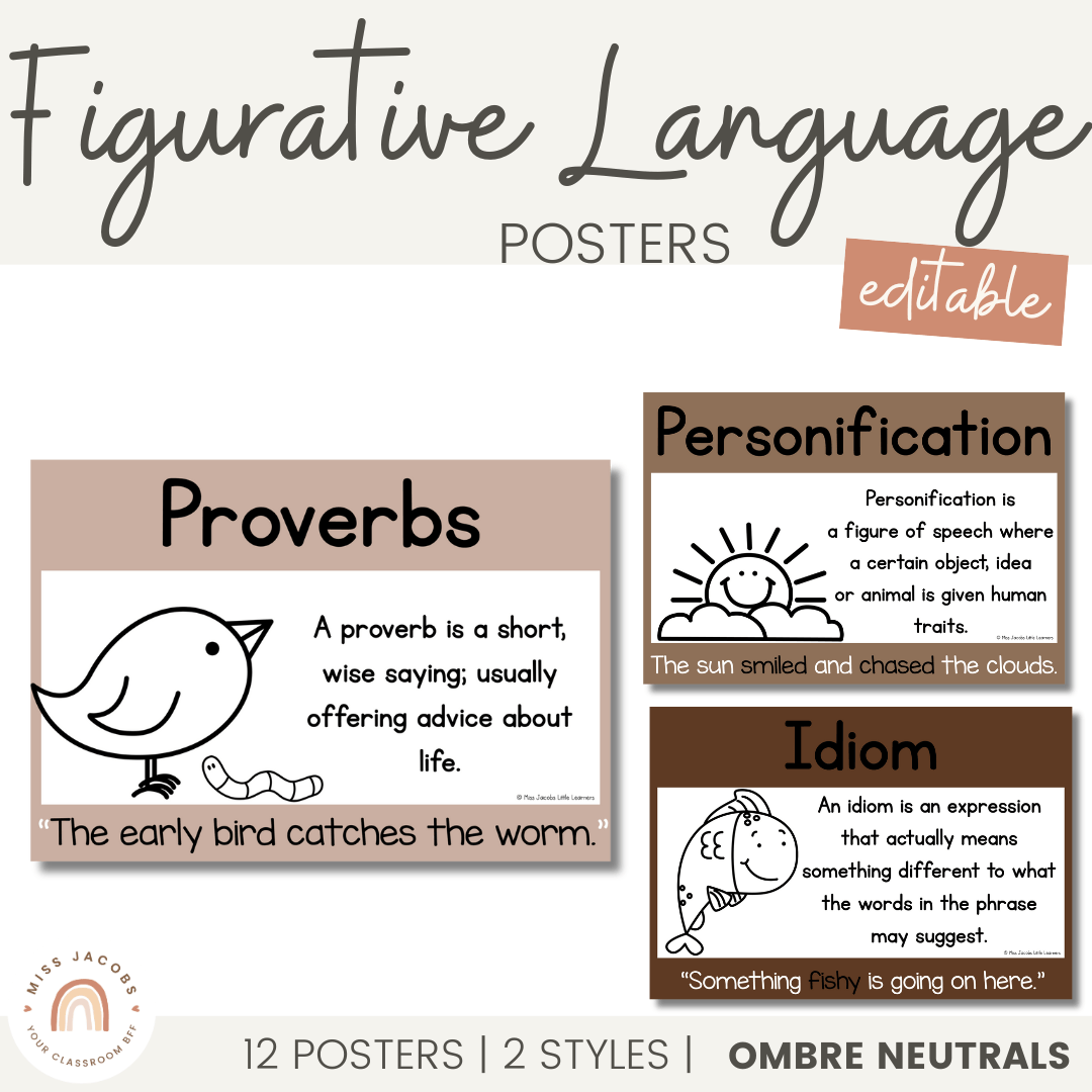 Figurative Language Poster.pdf Figurative Language Posters | Ombre Neutral English Classroom Decor