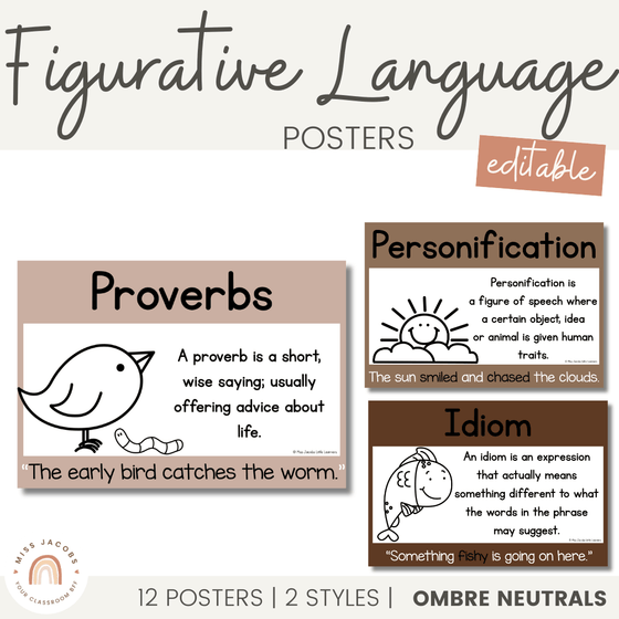 Figurative Language Posters | Ombre Neutral English Classroom Decor - Miss Jacobs Little Learners