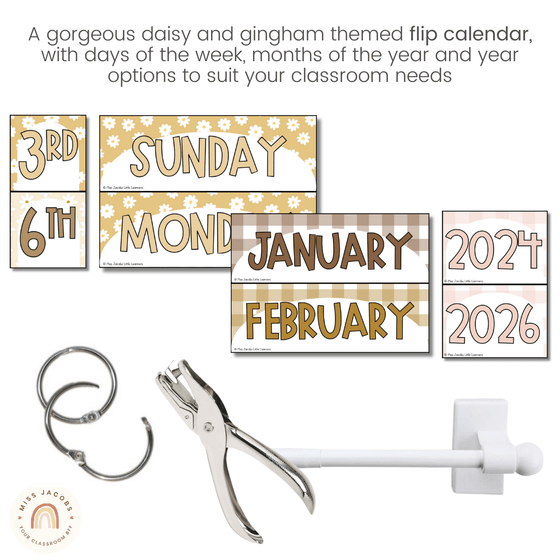 Flip Calendar | Interactive Date Display | Daisy Gingham Neutrals Classroom Decor - Miss Jacobs Little Learners