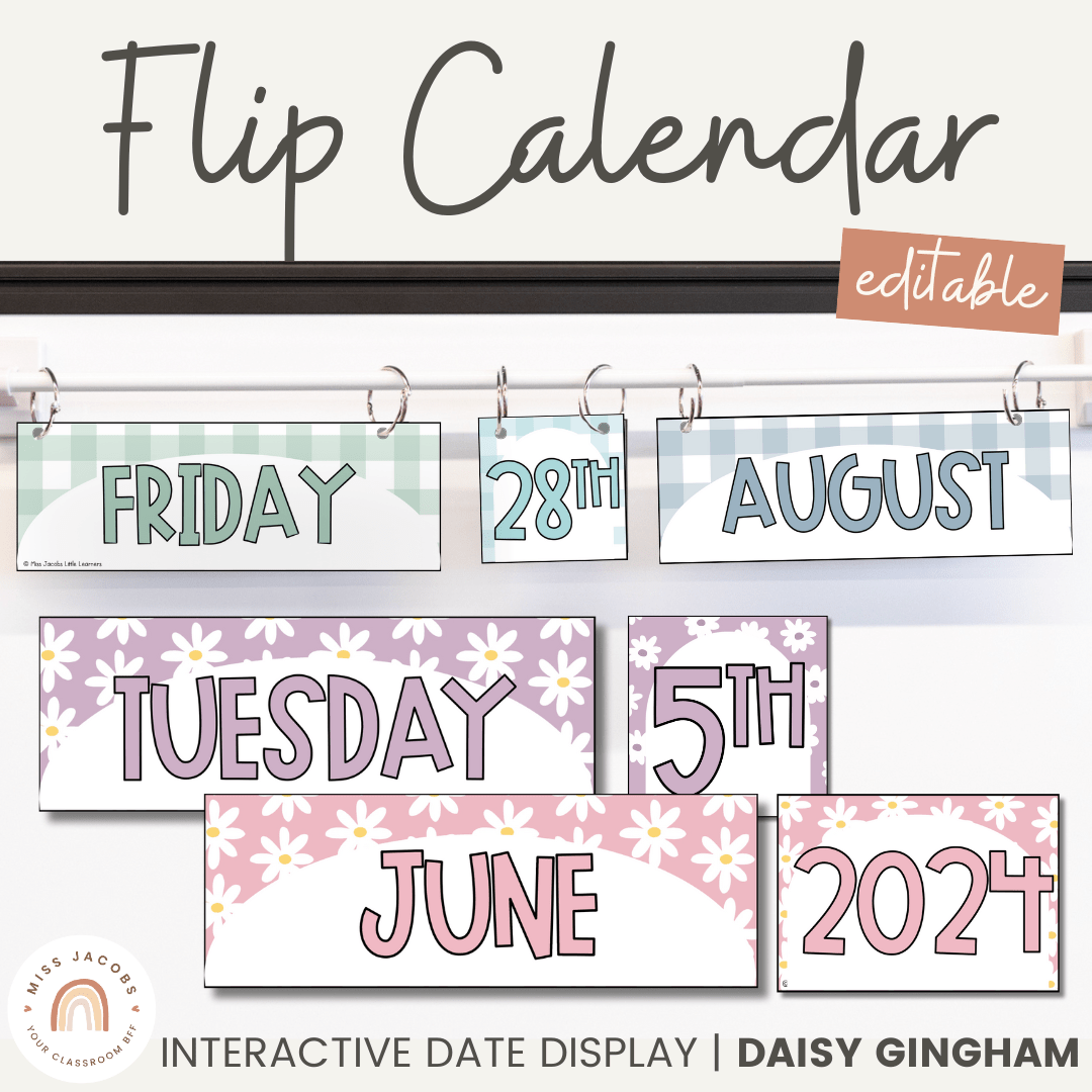 Flip Calendar Interactive Date Display Daisy Gingham Pastels Class