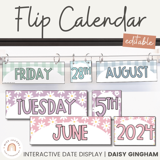 Flip Calendar | Interactive Date Display | Daisy Gingham Pastels Classroom Decor - Miss Jacobs Little Learners