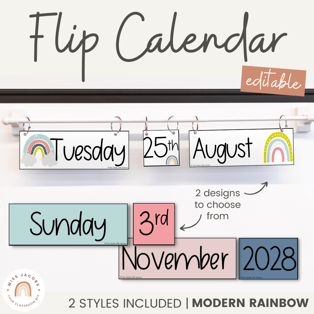FLIP CALENDAR | MODERN RAINBOW CLASSROOM DECOR | CALM COLORS | EDITABL - Miss Jacobs Little Learners FLIP CALENDAR | MODERN RAINBOW CLASSROOM DECOR | CALM COLORS | EDITABL - Miss Jacobs Little Learners