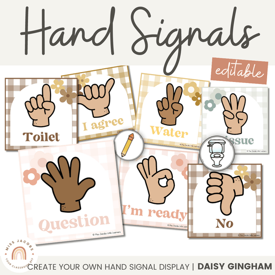 Hand Signals | Daisy Gingham Neutrals Classroom Decor - Miss Jacobs Little Learners