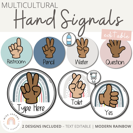 Hand Signals Posters | Modern Rainbow Classroom Decor | EDITABLE | CALM COLORS - Miss Jacobs Little Learners