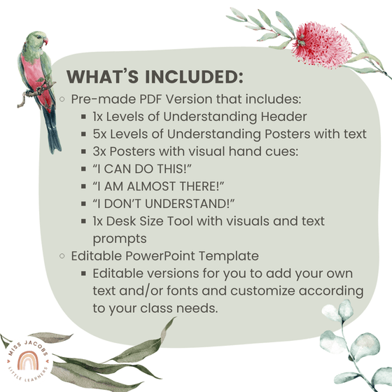 Levels of Understanding Posters with visuals | Australiana Classroom Decor | Flora and Fauna Theme | Editable - Miss Jacobs Little Learners