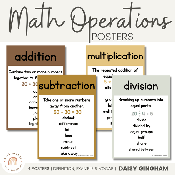 Math Operations Posters | Daisy Gingham Neutrals Math Classroom Decor - Miss Jacobs Little Learners