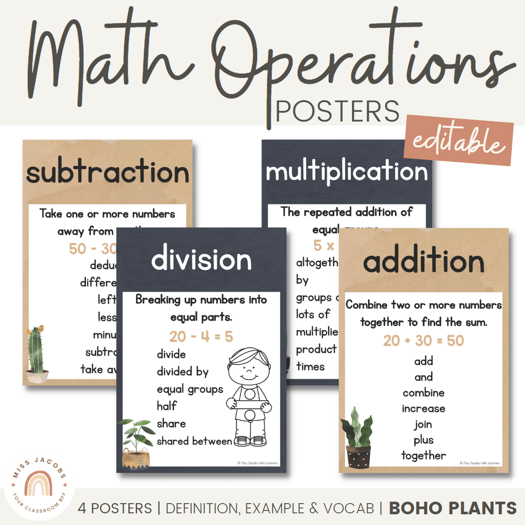 Math Operations Posters | Rustic BOHO PLANTS Decor - Miss Jacobs Little ...