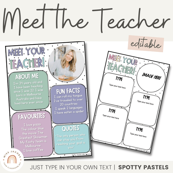 Meet the Teacher | SPOTTY PASTELS | Editable - Miss Jacobs Little Learners