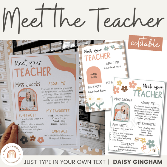 Meet the Teacher Templates | Daisy Gingham Neutrals Classroom Decor - Miss Jacobs Little Learners