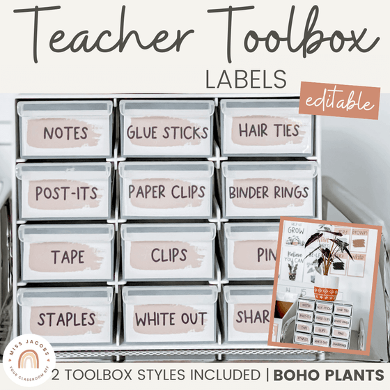 Modern Boho Plants Teacher Toolbox Labels | Editable Rustic Neutral Decor - Miss Jacobs Little Learners