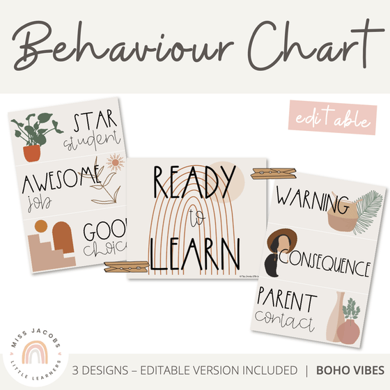 Modern BOHO VIBES Behaviour Chart - Editable | Neutral Classroom Decor - Miss Jacobs Little Learners
