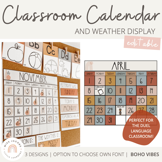 Modern Boho Vibes Classroom Calendar and Weather Display | Editable - Miss Jacobs Little Learners