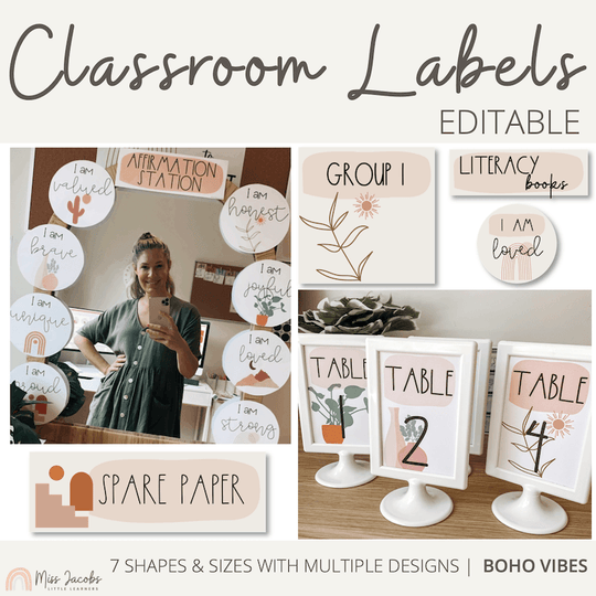 Modern Boho Vibes Classroom Labels Bundle | Neutral Toned Editable Labels