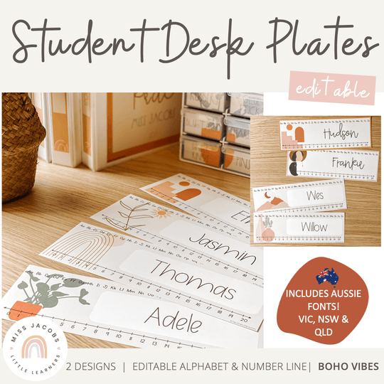 Modern Boho Vibes Student Desk Plate | Name Tags with Alphabet and Number Line