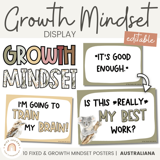 Modern Growth Mindset Display | Australiana Classroom Decor | Australian Animals & Native Flora | Editable - Miss Jacobs Little Learners