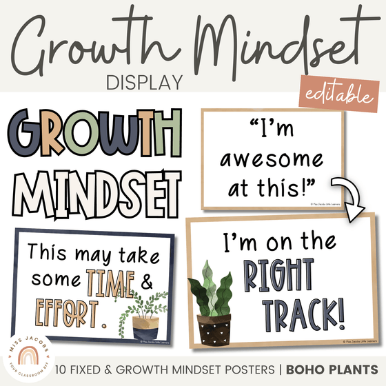 Modern Growth Mindset Display | Boho Plants Calm Classroom Decor | Editable Boho Vintage Retro Decor - Miss Jacobs Little Learners