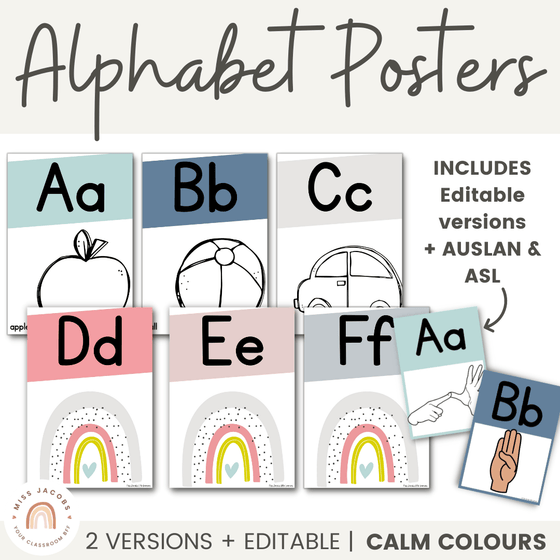 Modern Rainbow Alphabet Posters | Editable Boho Rainbow Bilingual Friendly | Calm Colours - Miss Jacobs Little Learners