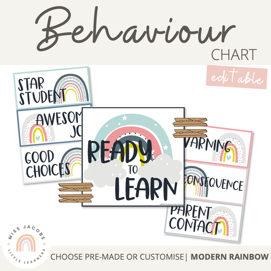 Modern Rainbow Behavior Chart | Editable Boho Rainbow Clip Chart - Miss Jacobs Little Learners