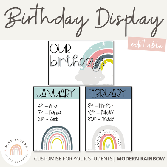 Modern Rainbow Birthday Display | Editable Boho Rainbow | Bilingual friendly - Miss Jacobs Little Learners