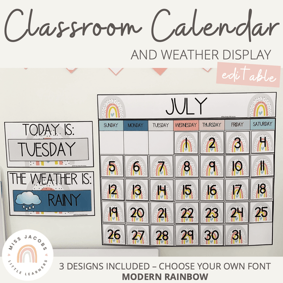 Modern Rainbow Classroom Calendar | Editable | Bilingual Friendly - Miss Jacobs Little Learners