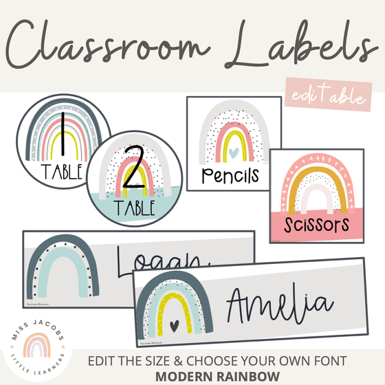 Modern Rainbow Classroom Labels | Editable Supply Labels and Student Name Tags - Miss Jacobs Little Learners