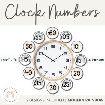 Modern Rainbow Clock Numbers | CALM COLORS Classroom Decor - Miss Jacobs Little Learners