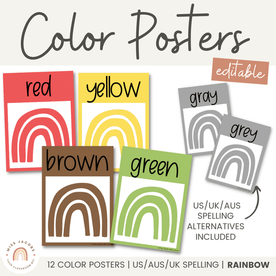 Modern Rainbow Color Posters | Boho Classroom Decor | Editable - Miss Jacobs Little Learners