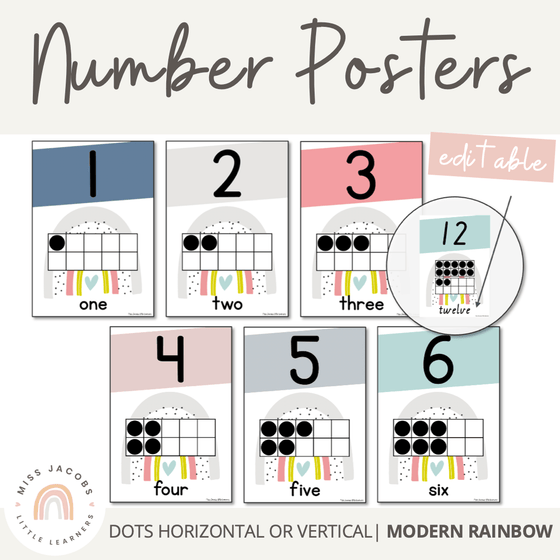 Modern Rainbow Number Posters - Ten Frames | Editable Boho Rainbow Decor - Miss Jacobs Little Learners