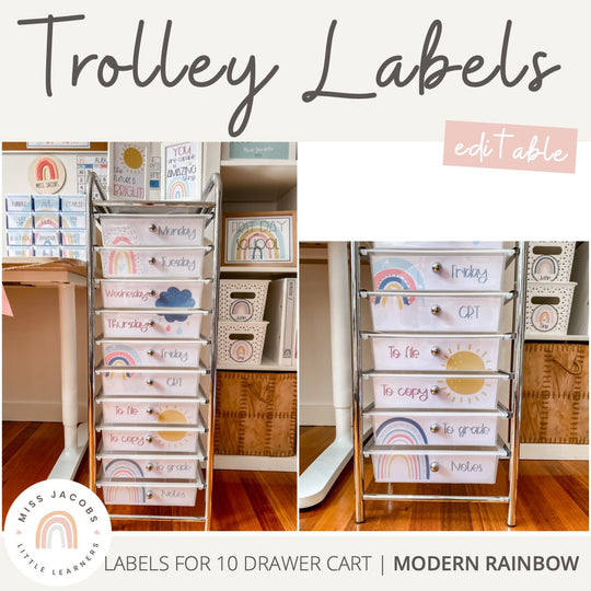 Teacher Trolley Labels for Rolling Cart - Rainbow Calm Colors Decor