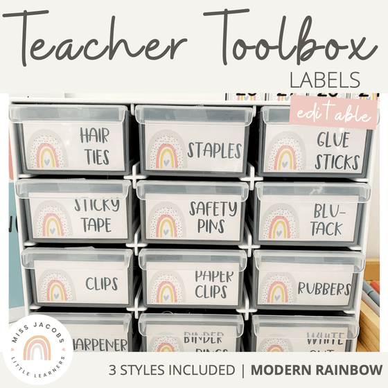 Modern Rainbow Teacher Toolbox Labels | Editable Boho Rainbow Decor - Miss Jacobs Little Learners