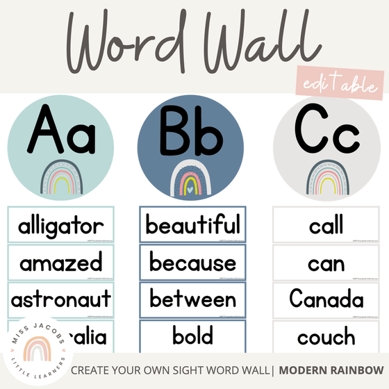 Modern Rainbow Word Wall | Editable Rainbow Alphabet Headers & Word Cards - Miss Jacobs Little Learners
