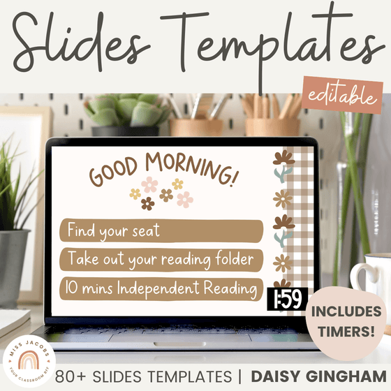 Morning Slides with Timers | Daisy Gingham Neutral Classroom Decor | Editable - Miss Jacobs Little Learners