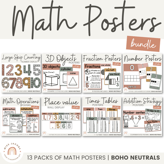 Neutral Toned Math Posters Bundle | Boho Color Palette - Miss Jacobs Little Learners