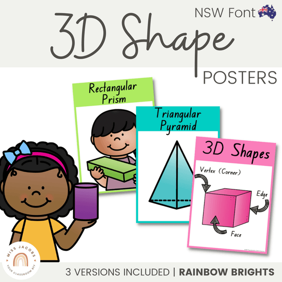NSW Font 3D Shape Posters | Rainbow Theme - Miss Jacobs Little Learners