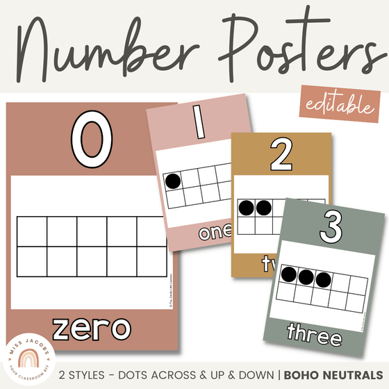 Number Posters | Editable | Neutral Color Palette - Miss Jacobs Little Learners