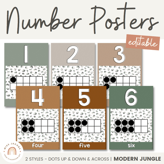 Number Posters | MODERN JUNGLE | Editable Classroom Decor - Miss Jacobs Little Learners