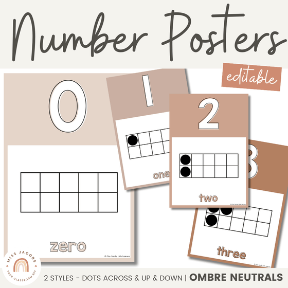 Number Posters | Ombre Neutral Math Classroom Decor - Miss Jacobs Little Learners