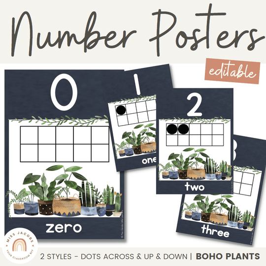 Number Posters with Ten Frames (Dark) - Boho Plants Decor