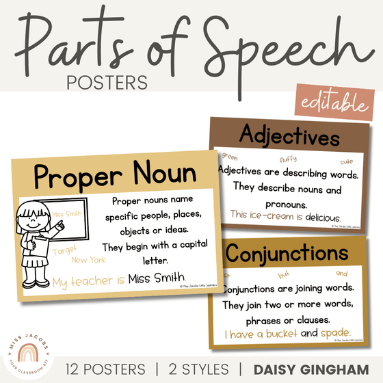 Parts of Speech Posters | Daisy Gingham Neutrals English Classroom Decor - Miss Jacobs Little Learners