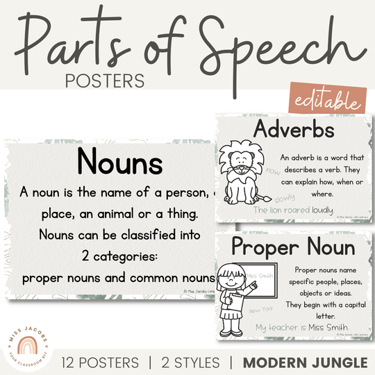 Parts of Speech Posters - Modern Jungle Classroom Decor