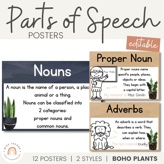 Parts of Speech Posters | Rustic BOHO PLANTS decor - Miss Jacobs Little Learners
