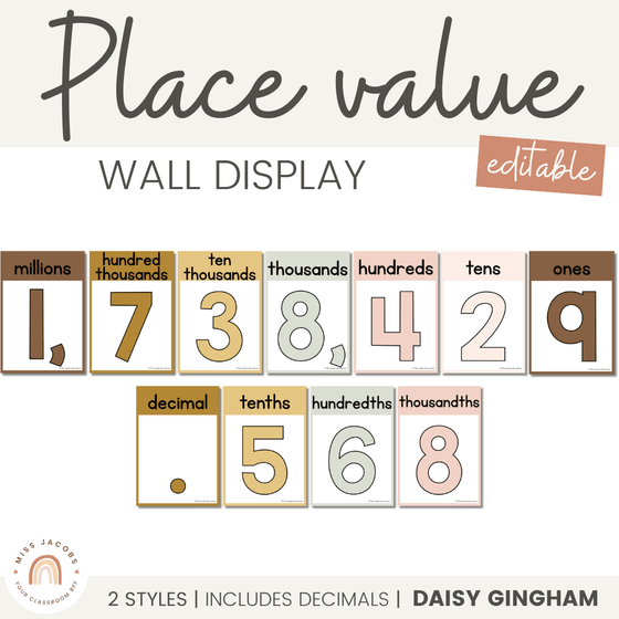 Place Value Posters Bulletin Board Display | Daisy Gingham Neutral Math Classroom Decor - Miss Jacobs Little Learners
