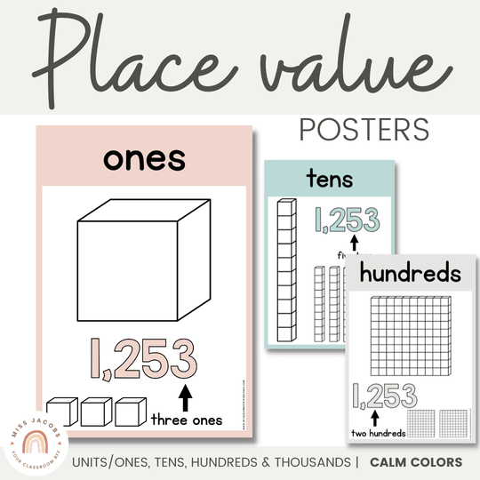 Place Value Posters - Base 10 Blocks - Rainbow Calm Colors Decor