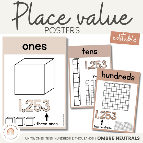 Place Value Posters | Ombre Neutral Math Classroom Decor - Miss Jacobs Little Learners